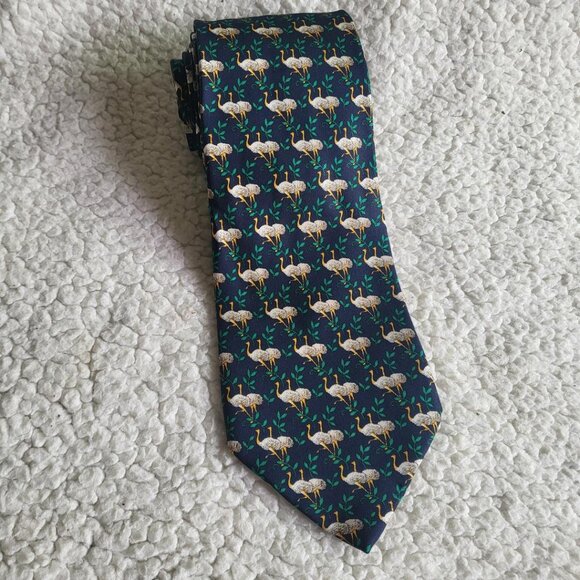 Hunting World Made in Italy 100% Silk Blue Ostrich Design Neck Tie 57" 4" wide - Picture 1 of 5